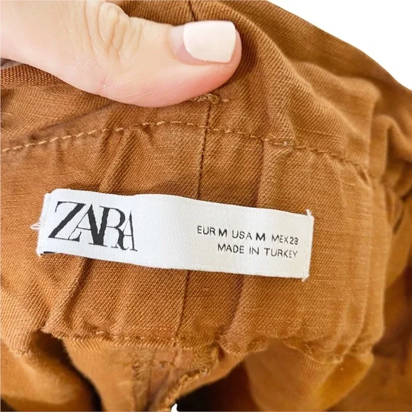 Zara Brown Paper Bag Cropped Linen Pants High Rise Medium - Picture 7 of 7